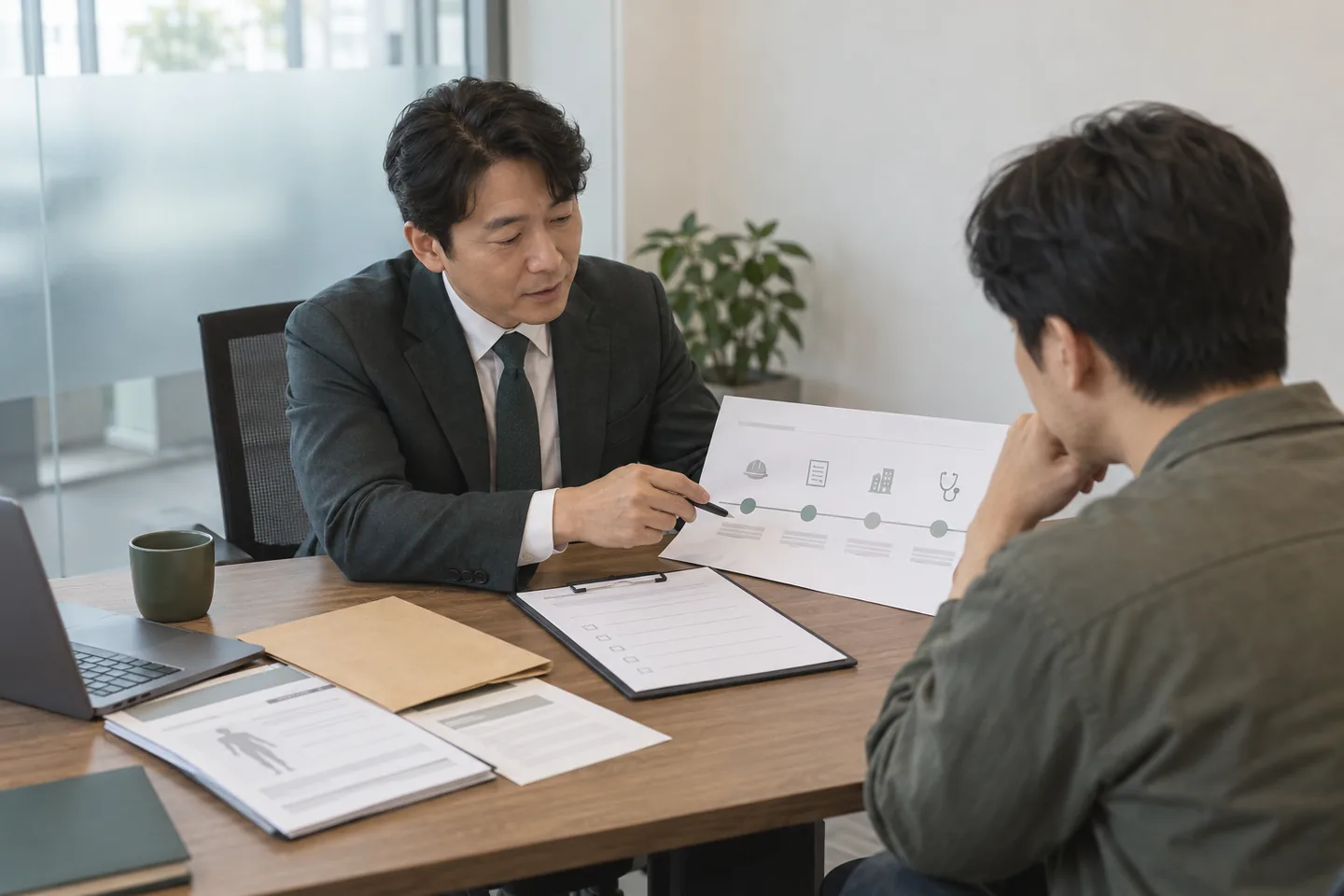 노무 전문가가 산재 상담 고객과 사고 경위와 준비자료를 확인하는 모습